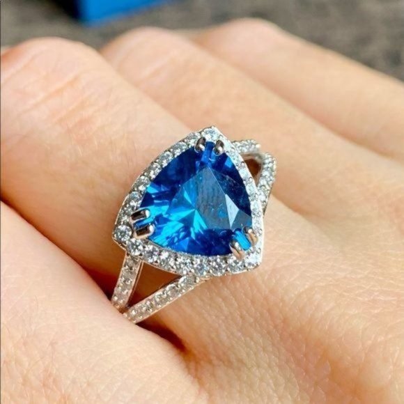 STERLING SILVER Solid 925 Blue Zircon Halo Pavé Trillion cut ring Sz 9 NWT